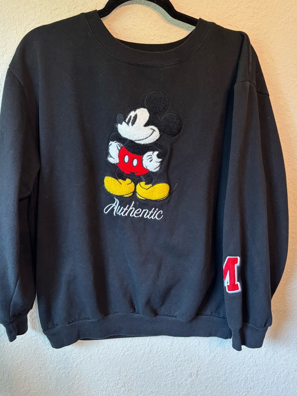 Disney Mickey Mouse Black Embroidered Sweatshirt XL 15-17 Varsity Sleeve